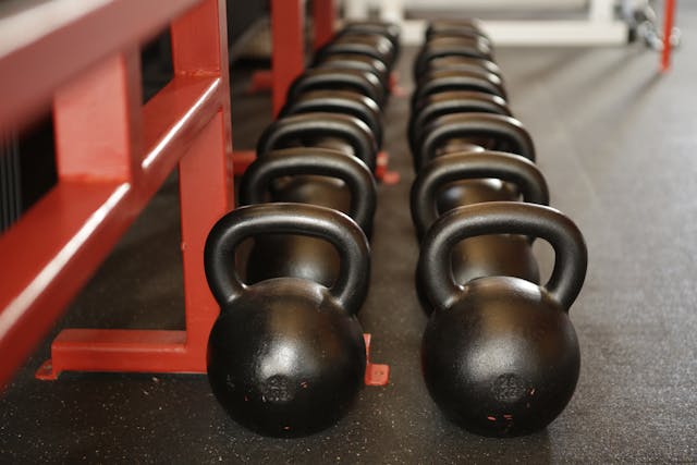 two rows on black kettle bells